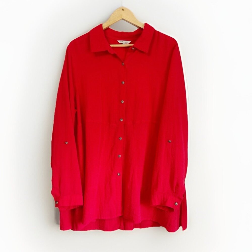 John Mark Red Button Up Tunic Top Womens 1X Roll Tab Sleeves Zip Back Holiday